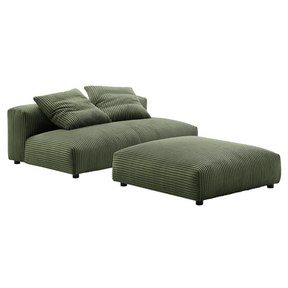 Olive green corduroy modular armless loveseat and ottoman.