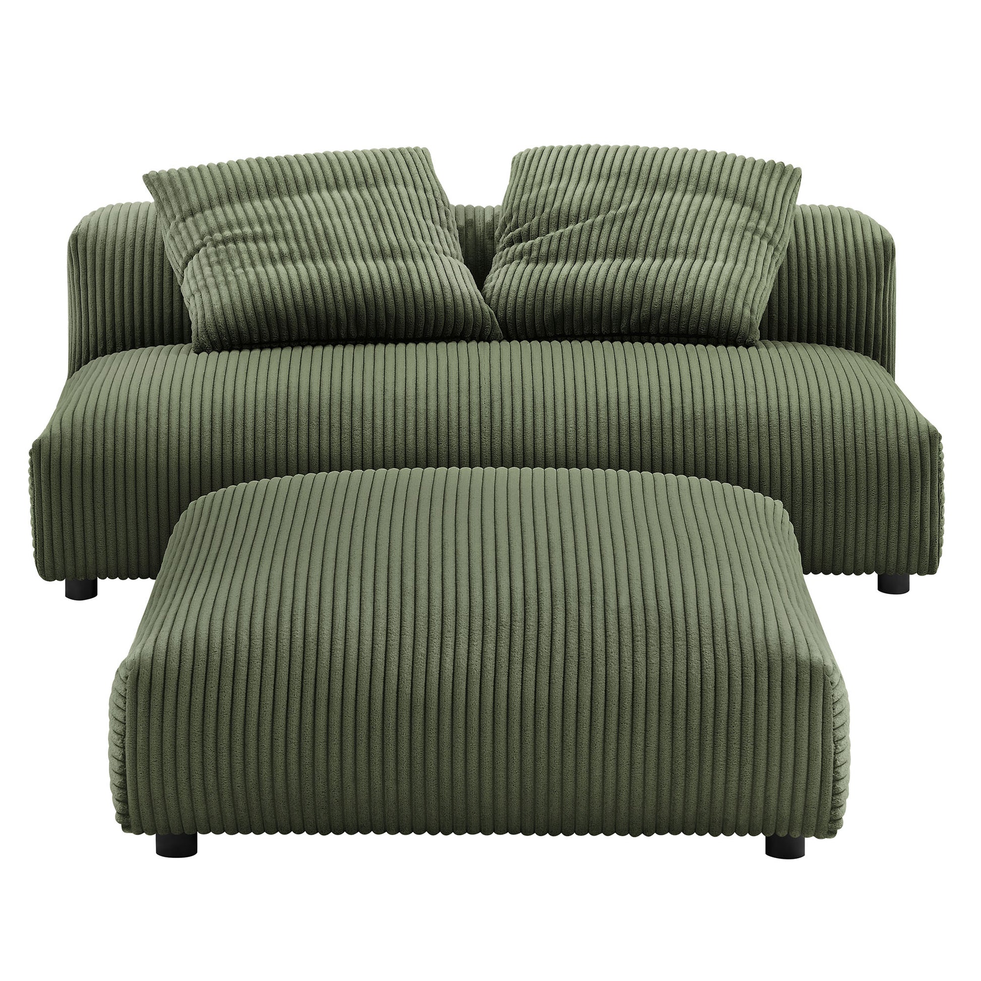 Olive green corduroy armless loveseat and ottoman modular set with ribbed fabric and two square pillows.