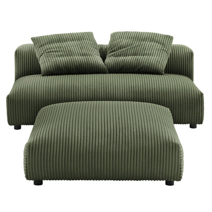 Olive green corduroy armless loveseat and ottoman modular set with ribbed fabric and two square pillows.