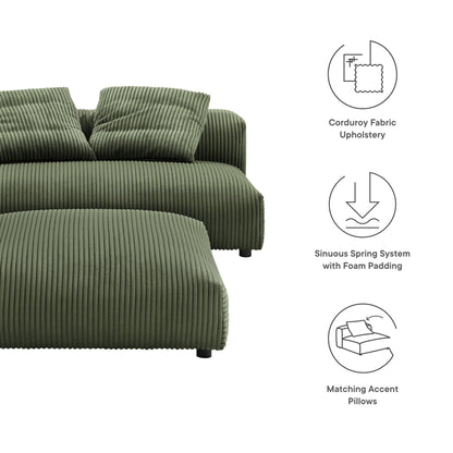 Olive green corduroy armless modular loveseat and ottoman set with ribbed upholstery, sinuous spring system with foam padding, and matching accent pillows.
