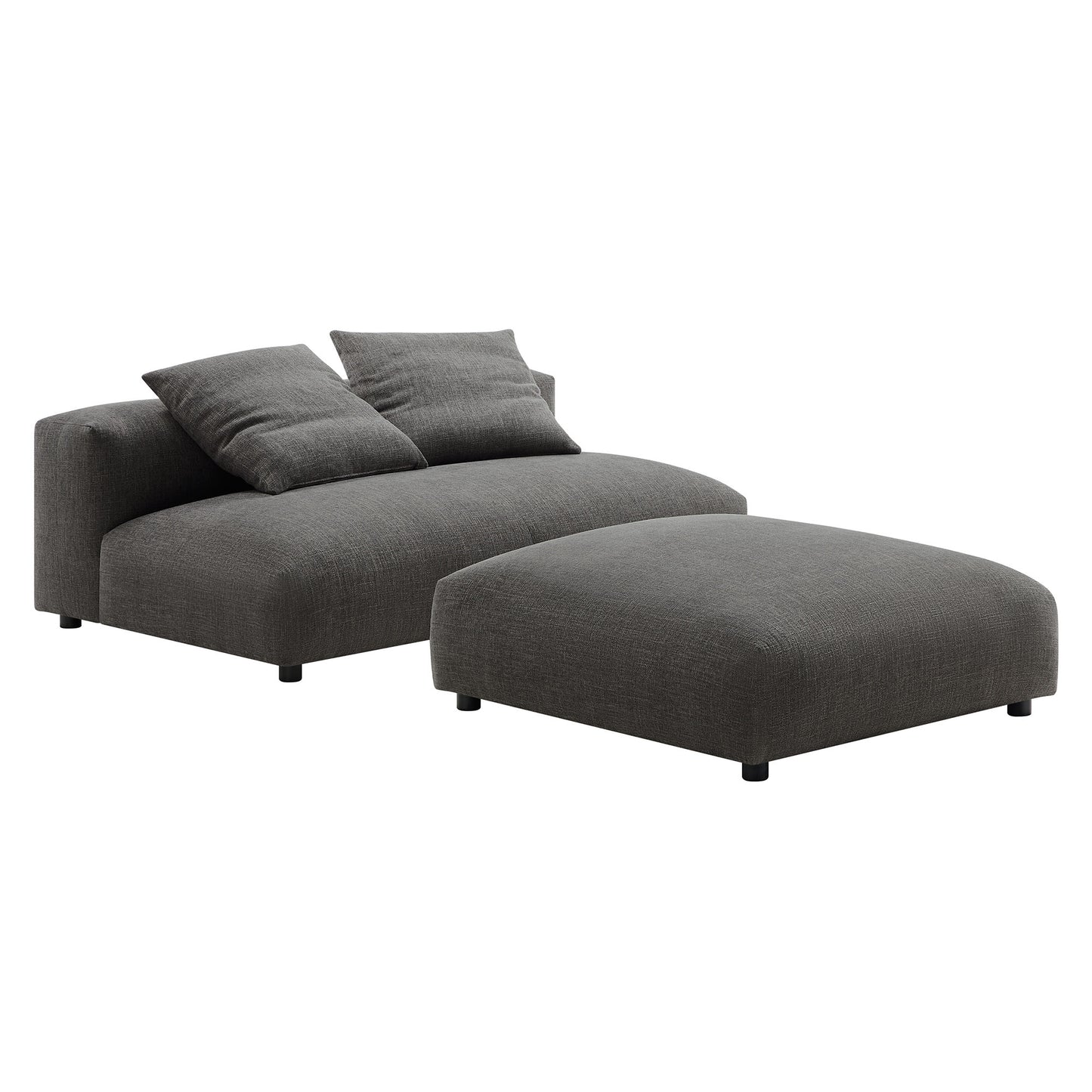 Charcoal gray fabric armless loveseat with ottoman; modular, low-profile sofa set.