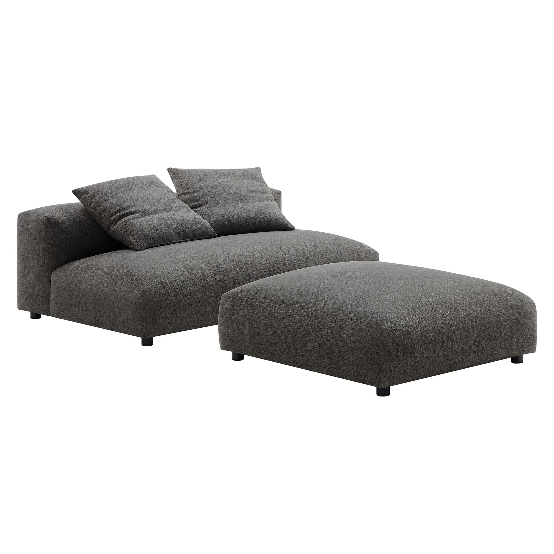Charcoal gray fabric armless loveseat with ottoman; modular, low-profile sofa set.
