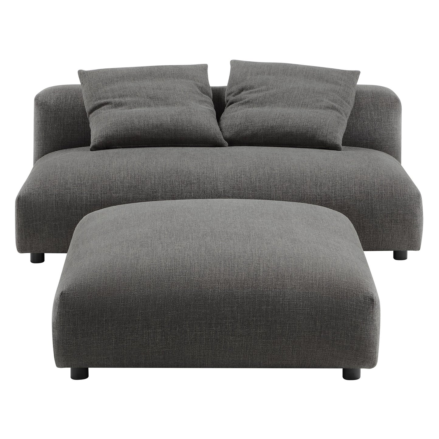 Charcoal gray fabric armless loveseat with matching ottoman, two back cushions, low-profile legs.