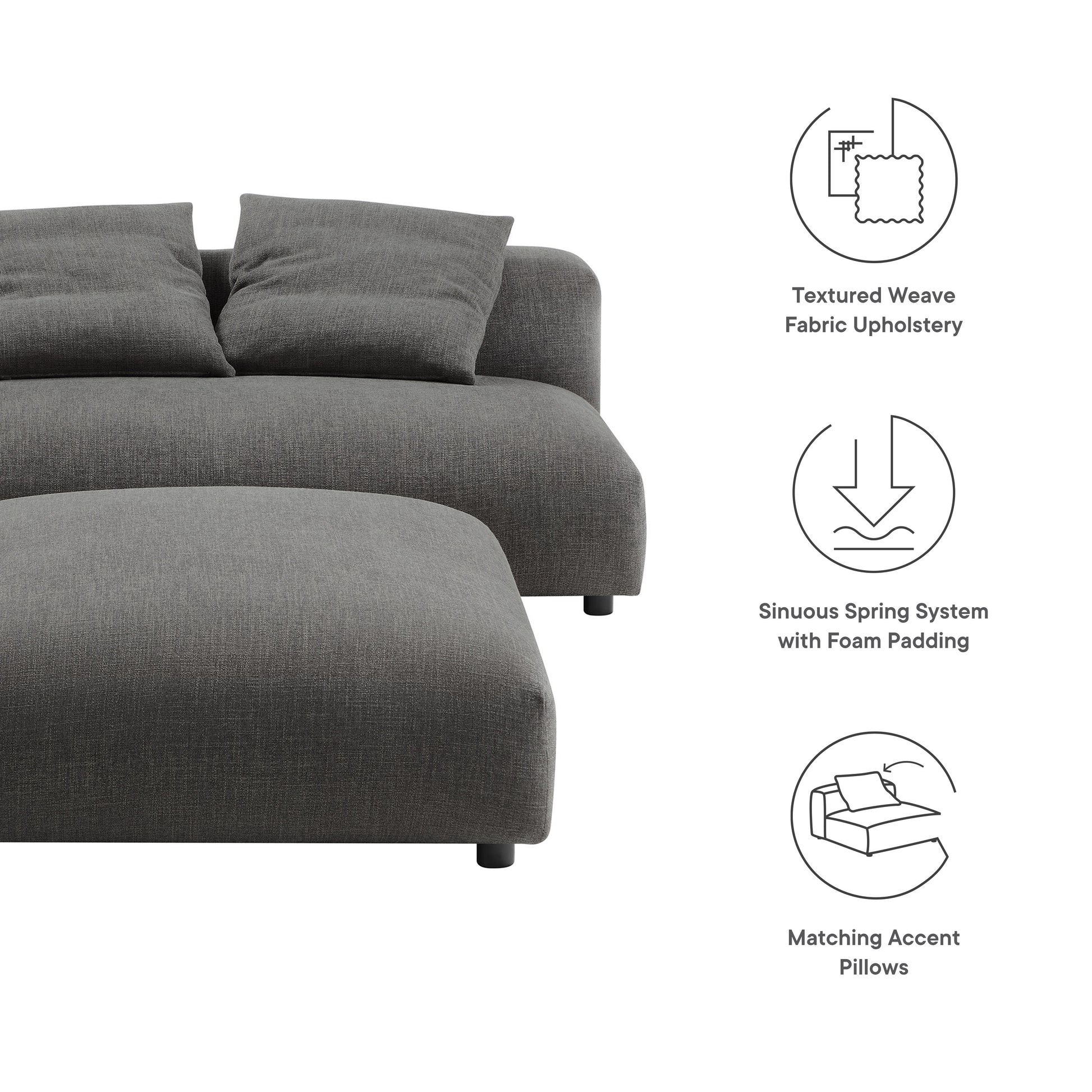 Charcoal gray textured weave fabric upholstery armless loveseat and ottoman set with cushions