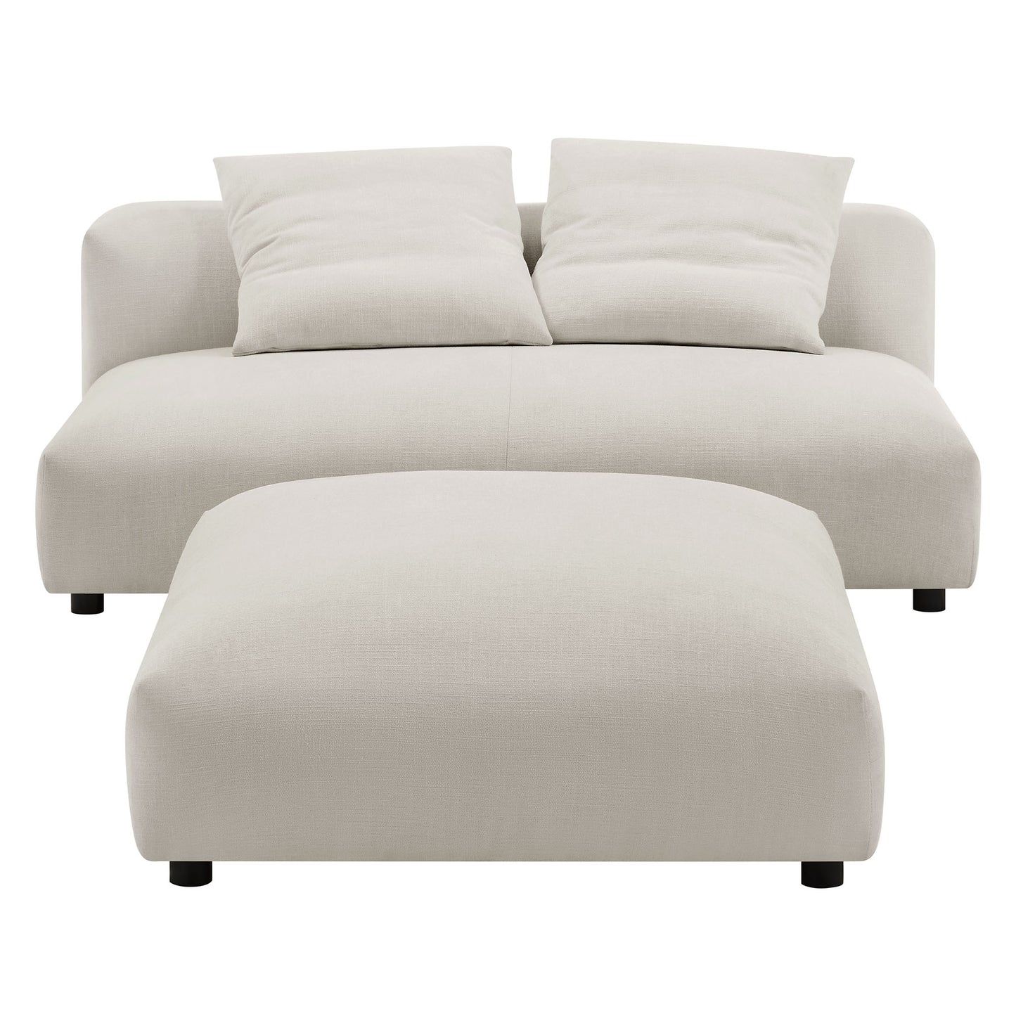 Gray fabric modular armless loveseat with ottoman; two back cushions; black feet.