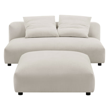 Gray fabric modular armless loveseat with ottoman; two back cushions; black feet.