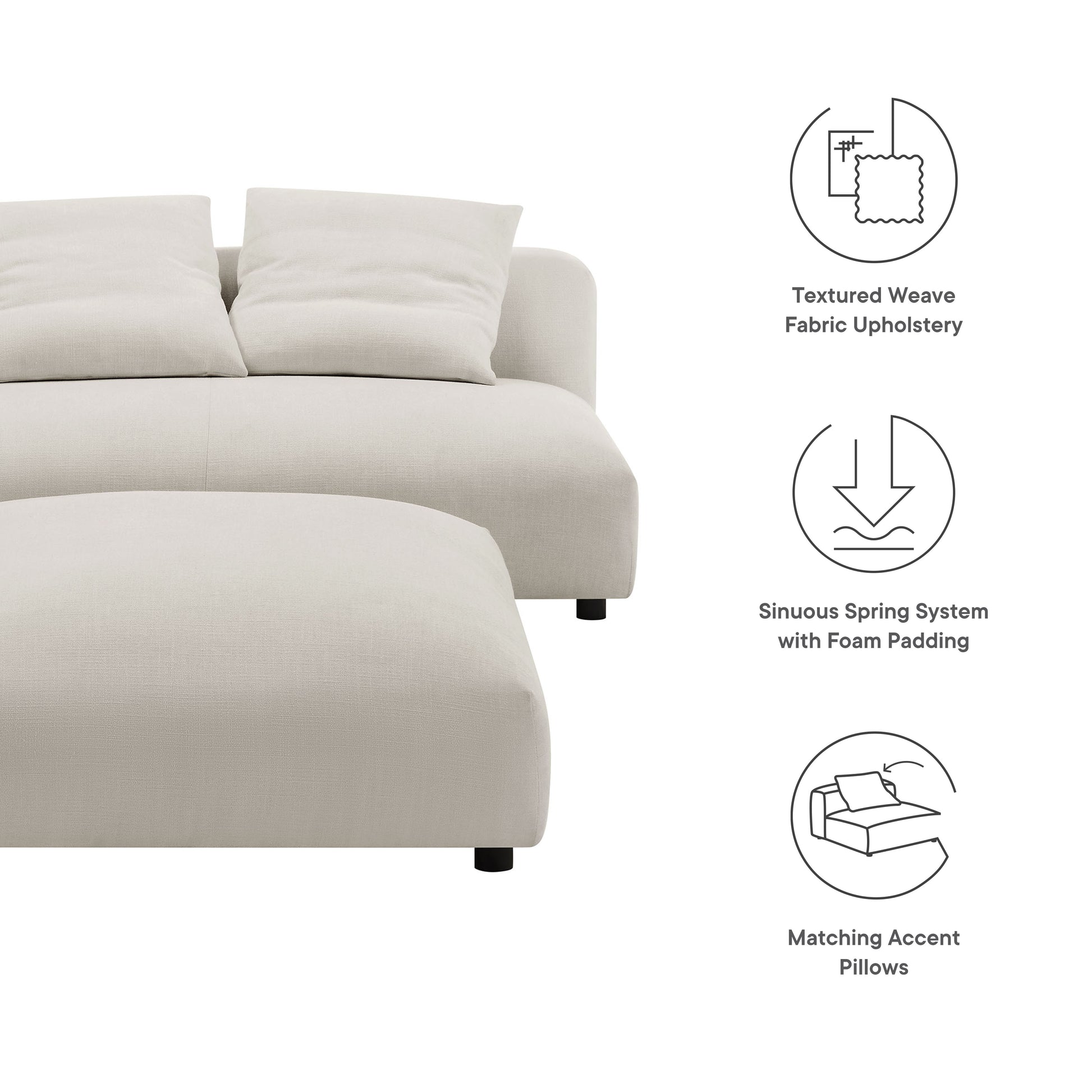 Gray modular upholstered fabric armless loveseat and ottoman set with foam-padded cushions and matching accent pillows.