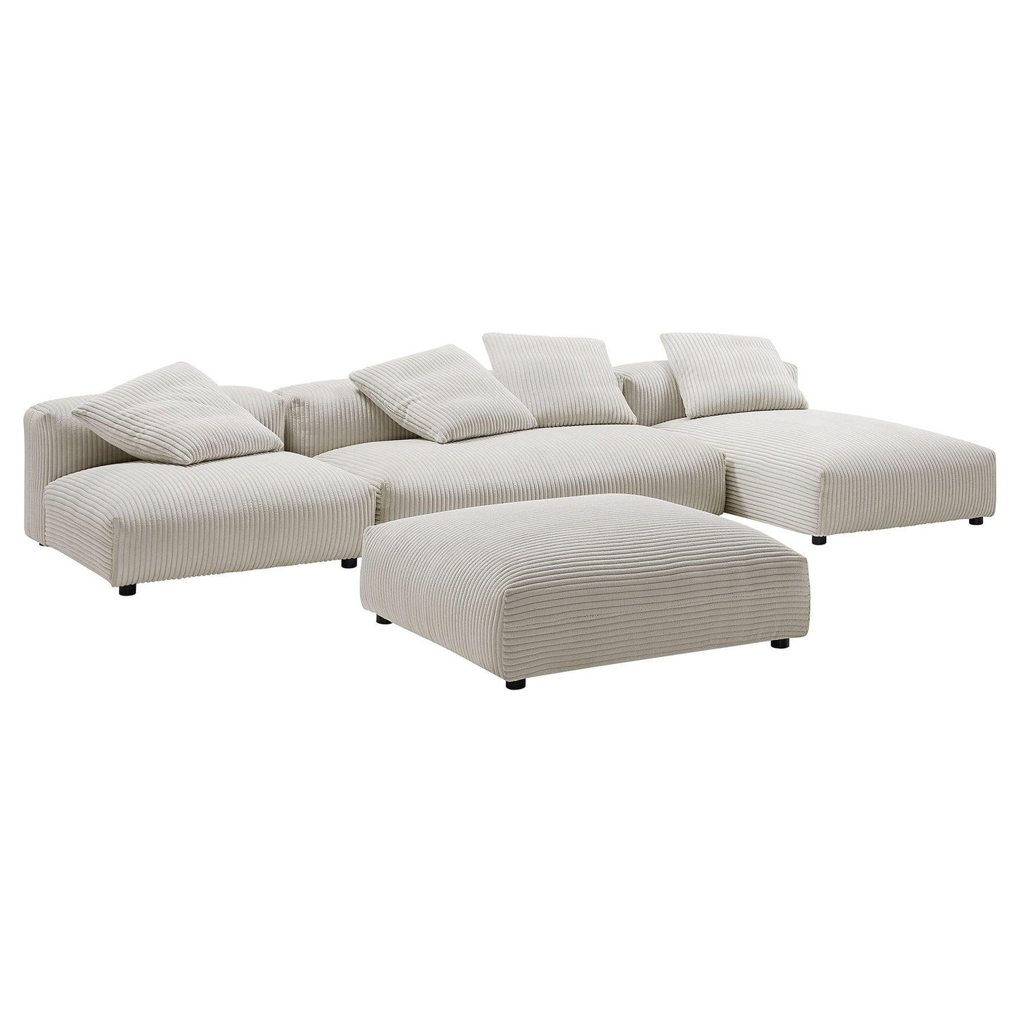Brown corduroy modular sectional sofa with chaise and matching ottoman, four-piece configuration.