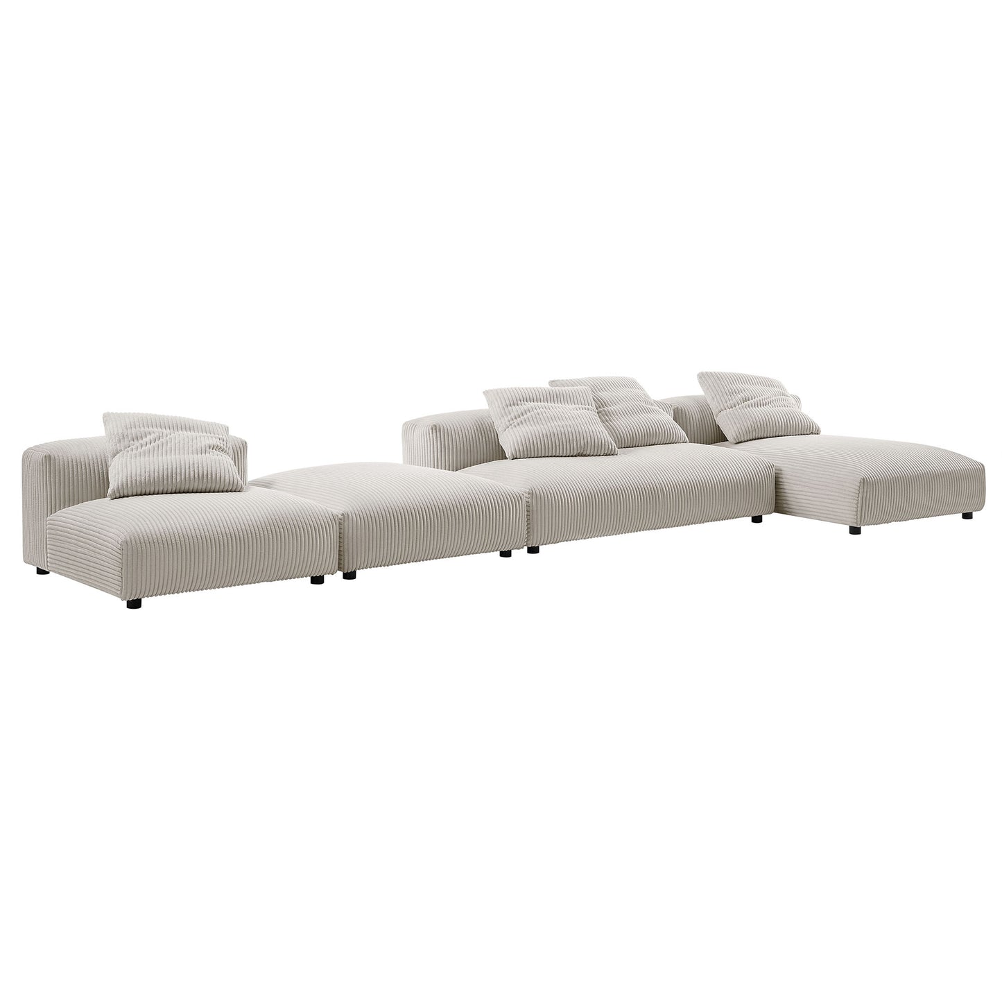 Brown corduroy modular sectional sofa with ottoman, plush cushions, and low-profile legs.