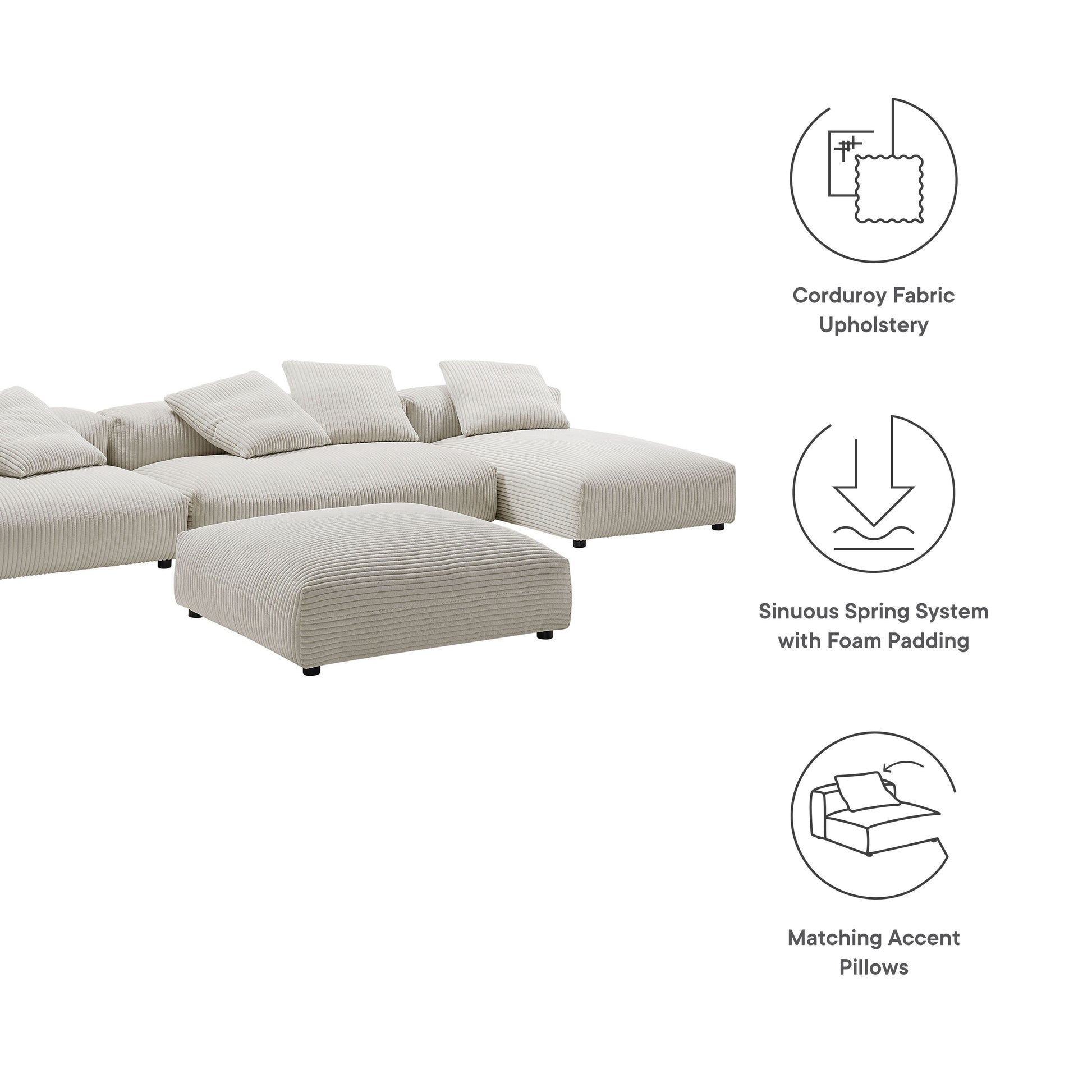 Brown corduroy fabric modular sofa with ottoman; modern sectional with foam-padded cushions and matching accent pillows