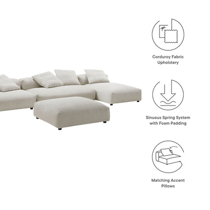 Brown corduroy fabric modular sofa with ottoman; modern sectional with foam-padded cushions and matching accent pillows