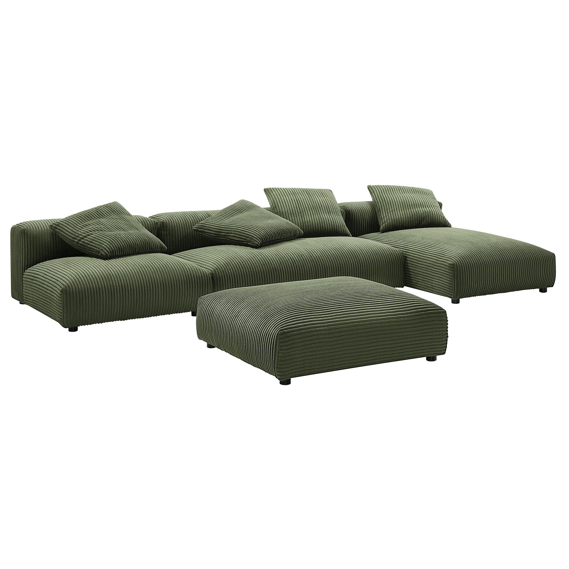 Forest green ribbed fabric modular sectional with chaise and matching ottoman, plump cushions.