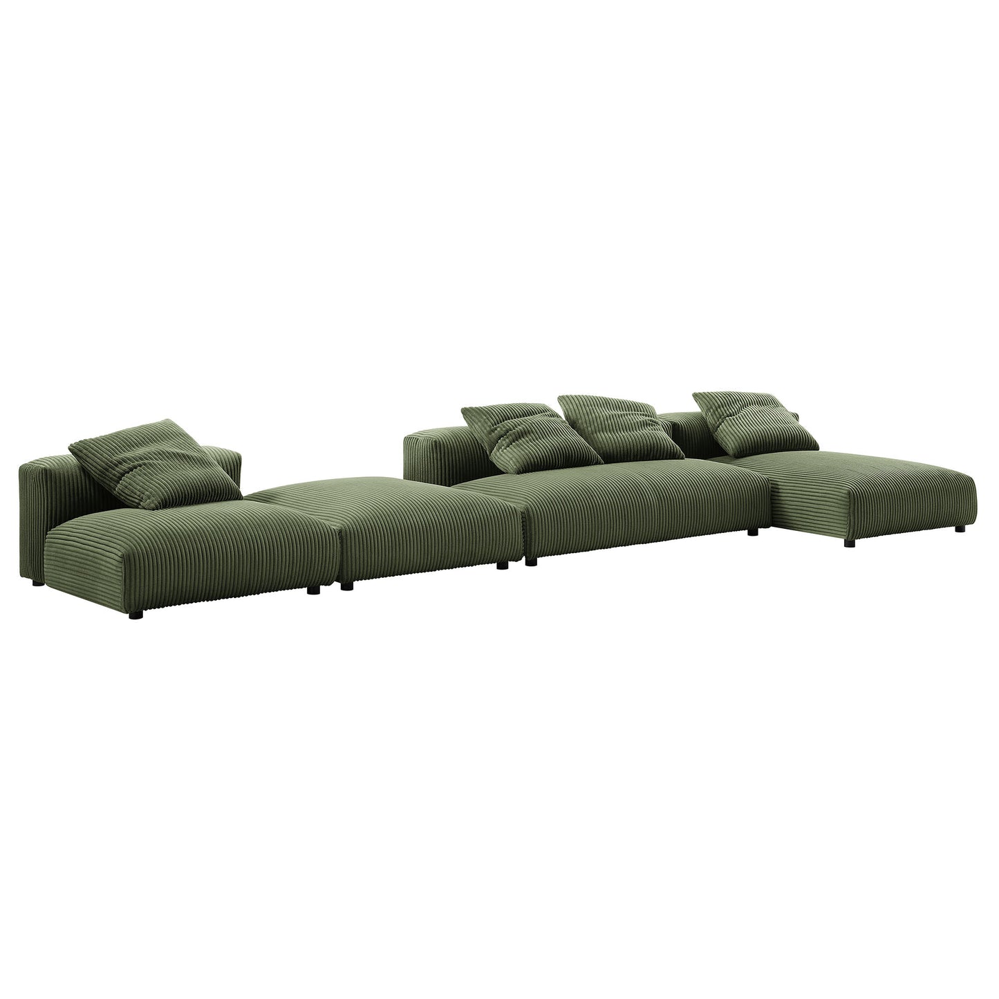 Olive green corduroy modular sectional sofa with multiple cushions and an ottoman, low-profile legs.