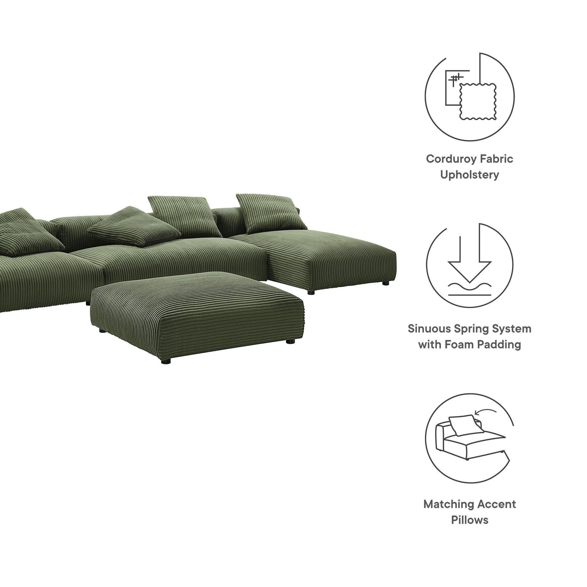 L-shaped olive green corduroy sectional sofa with ottoman and cushions; matching accent pillows.