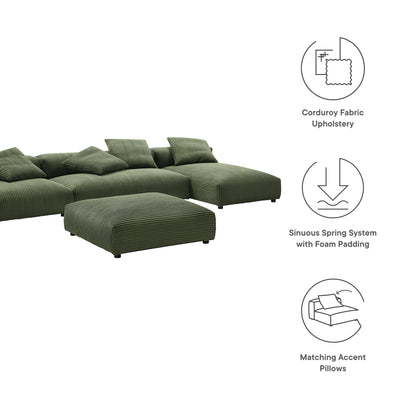 L-shaped olive green corduroy sectional sofa with ottoman and cushions; matching accent pillows.