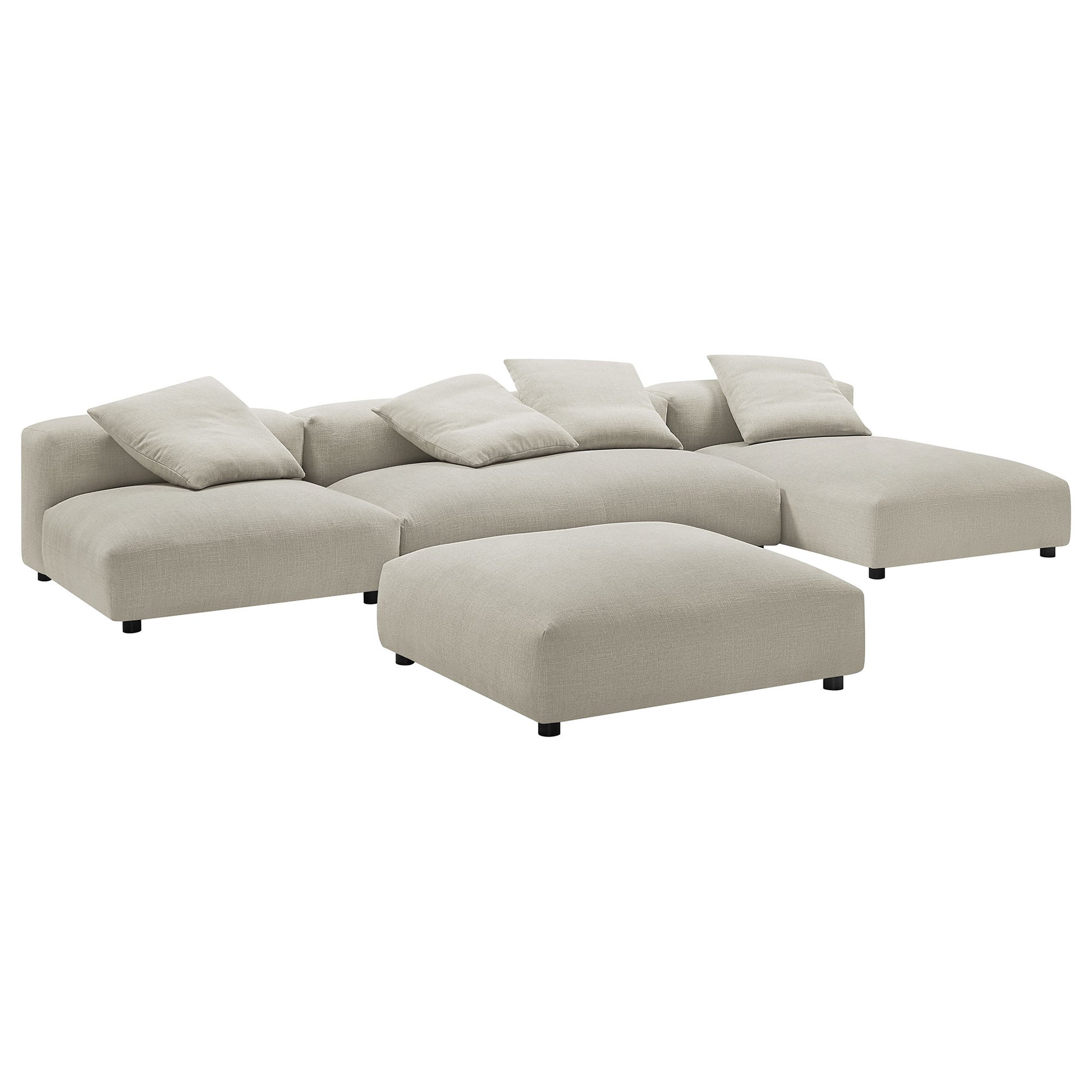 Beige linen modular sectional with square cushions & a matching ottoman; low-profile contemporary sectional sofa.