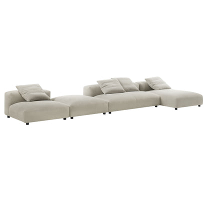 Brown fabric 4-piece modular sectional sofa with ottoman, featuring low-profile cushions and short black legs.