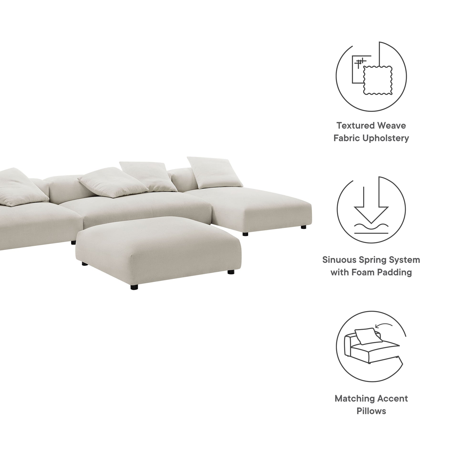 Beige textured-weave fabric modular sectional sofa with ottoman; plush cushions & matching accent pillows.