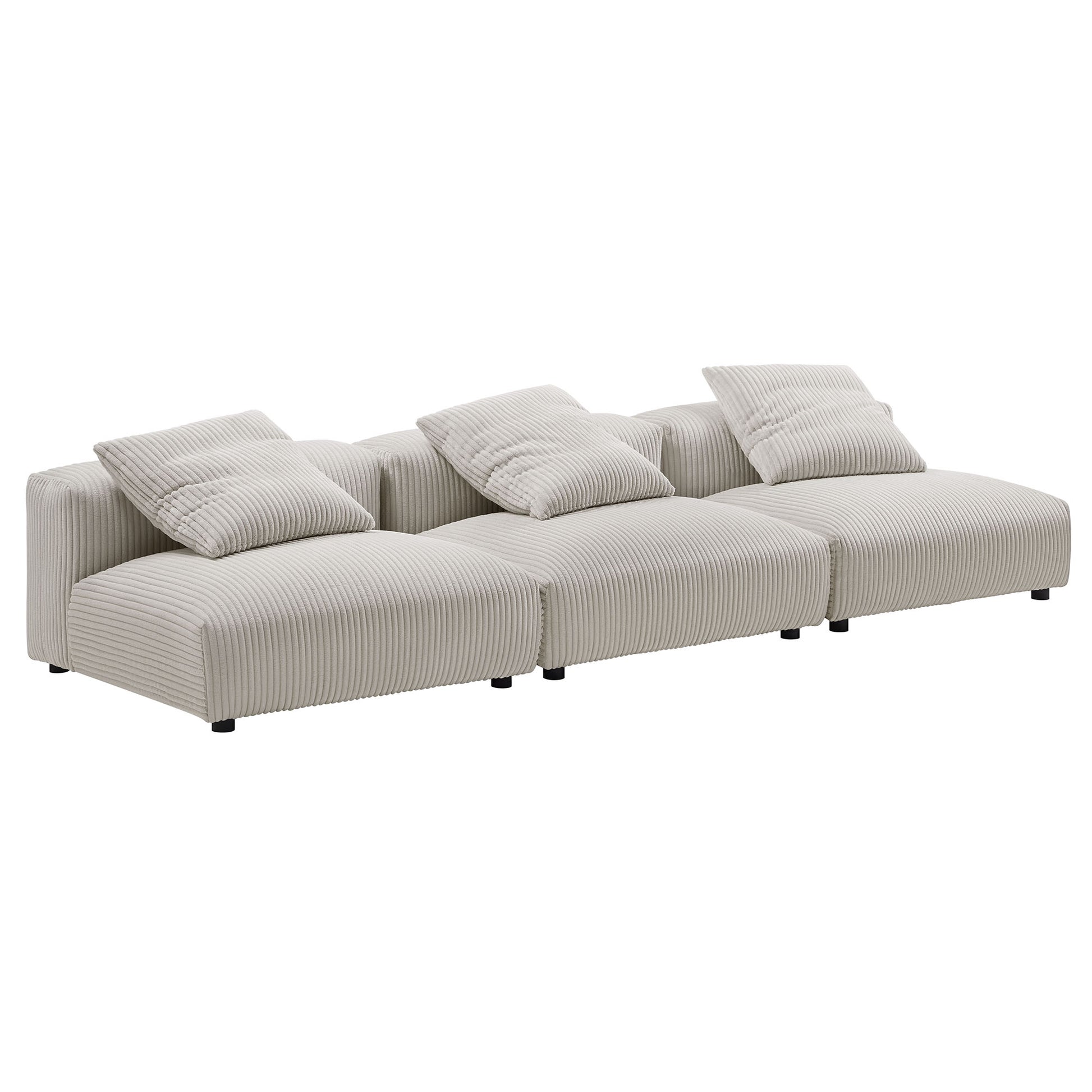 Brown corduroy modular sectional sofa with three seats and three matching pillows, low black legs.