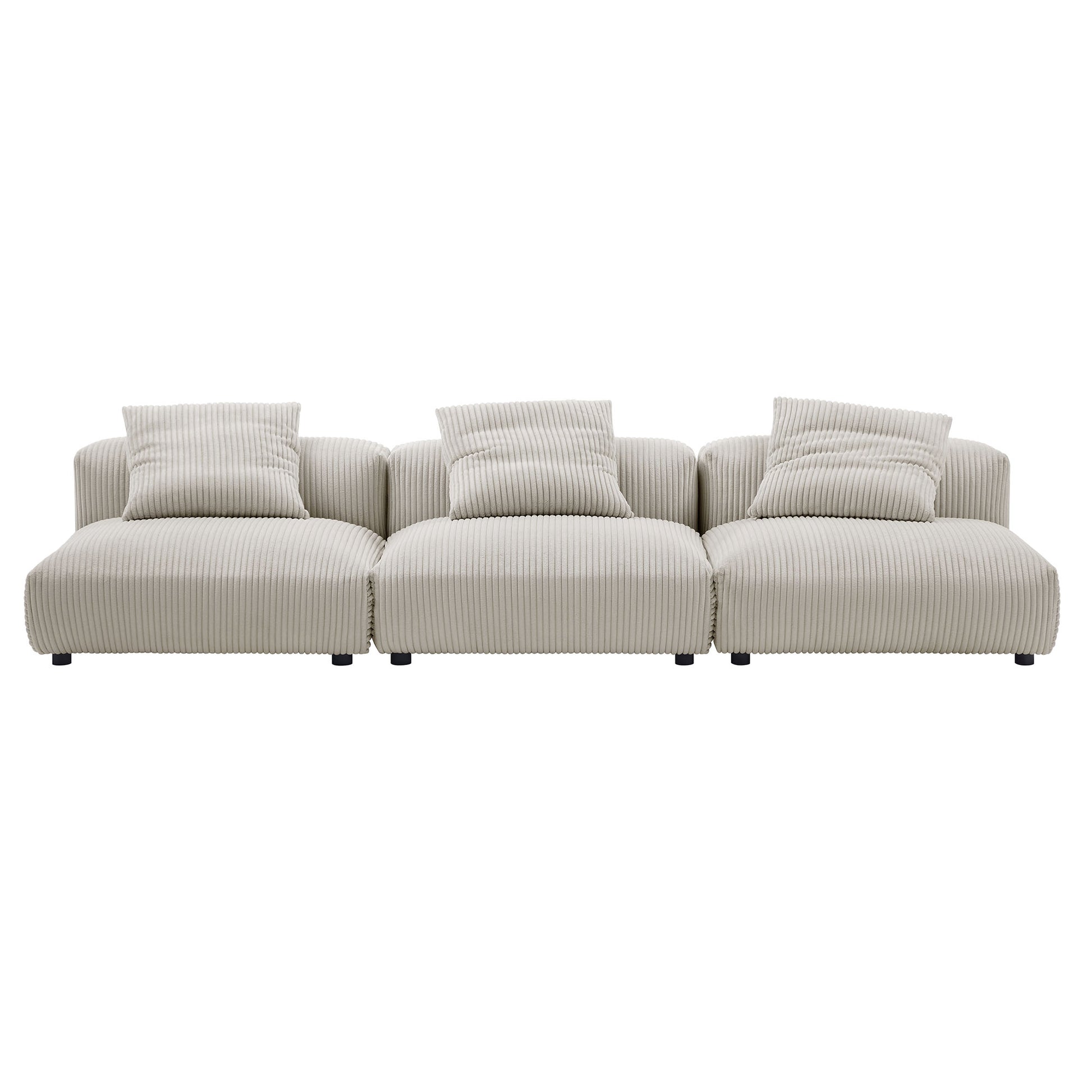 Almond-beige striped three-seat modular sofa with plush cushions and low dark legs.