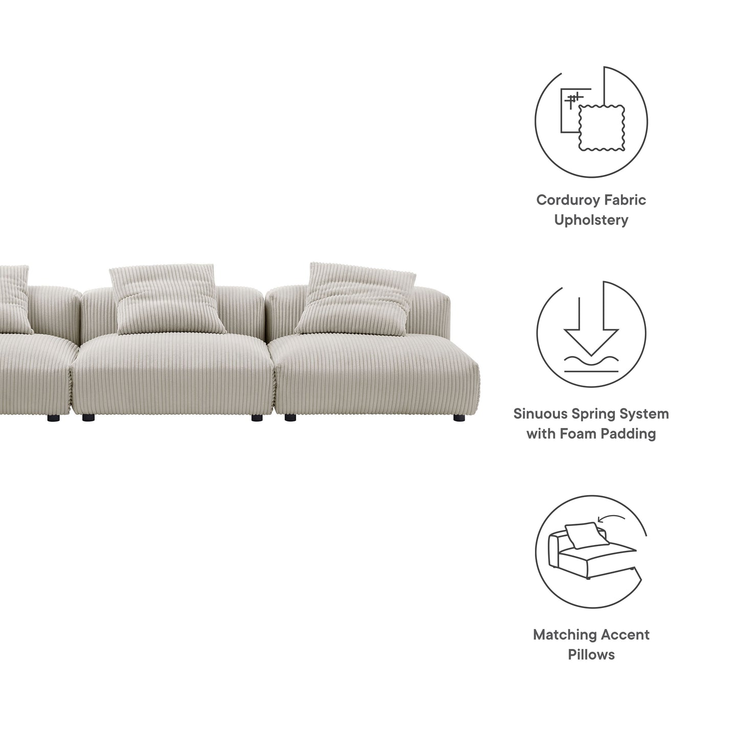 Almond-tone striped corduroy sectional sofa with multiple cushions and matching accent pillows for a casual living room.