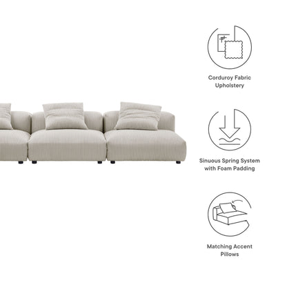 Almond-tone striped corduroy sectional sofa with multiple cushions and matching accent pillows for a casual living room.
