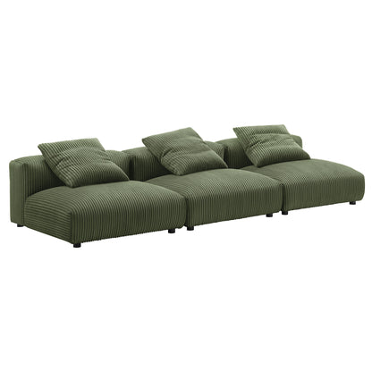 Olive green corduroy modular sectional sofa with three connected modules and plush back cushions.