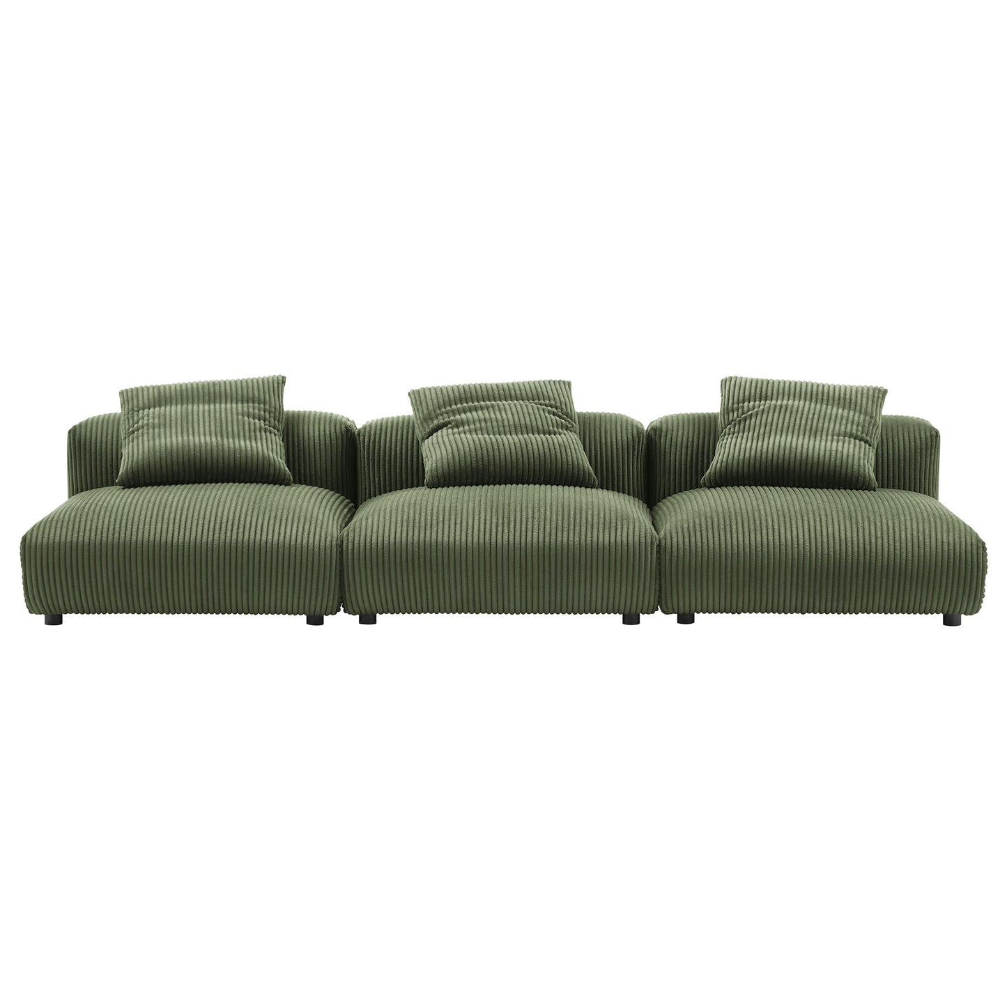 Green ribbed fabric modular sectional sofa with three seats and matching throw pillows.