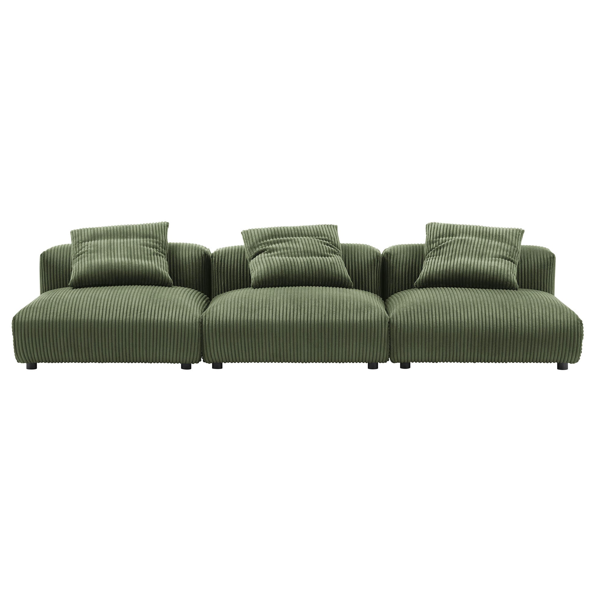 Green ribbed fabric modular sectional sofa with three seats and matching throw pillows.