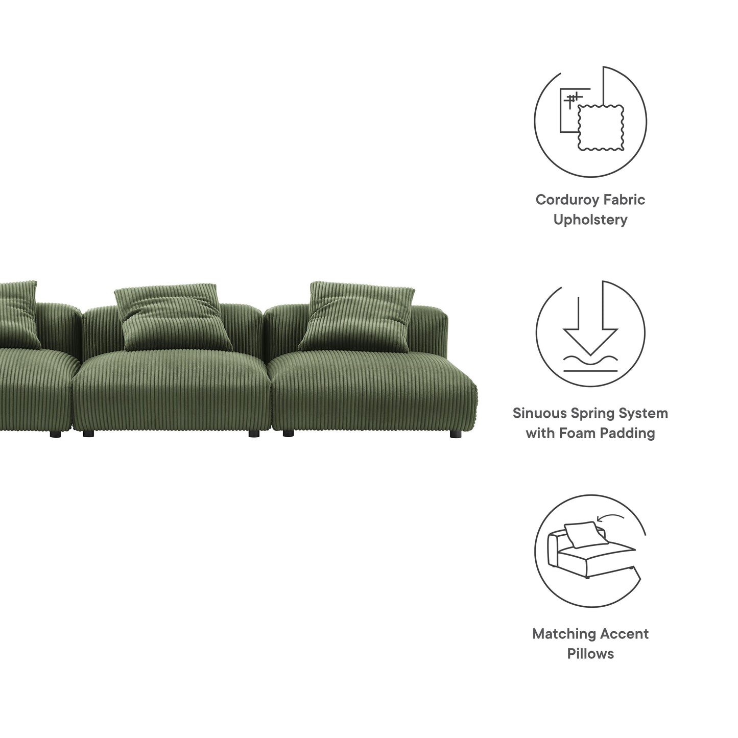 Olive green corduroy fabric modular sectional sofa with plush cushions and matching accent pillows.