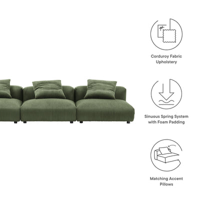 Olive green corduroy fabric modular sectional sofa with plush cushions and matching accent pillows.