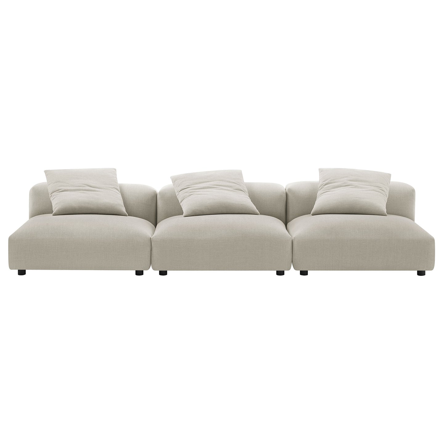 Brown linen fabric 3-piece modular upholstered sofa with three seats, low back, matching pillows, and short dark legs.