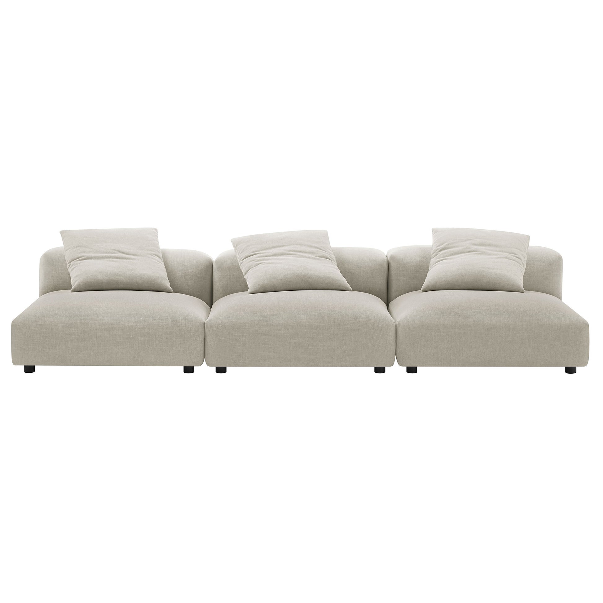 Brown linen fabric 3-piece modular upholstered sofa with three seats, low back, matching pillows, and short dark legs.