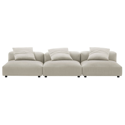 Brown linen fabric 3-piece modular upholstered sofa with three seats, low back, matching pillows, and short dark legs.