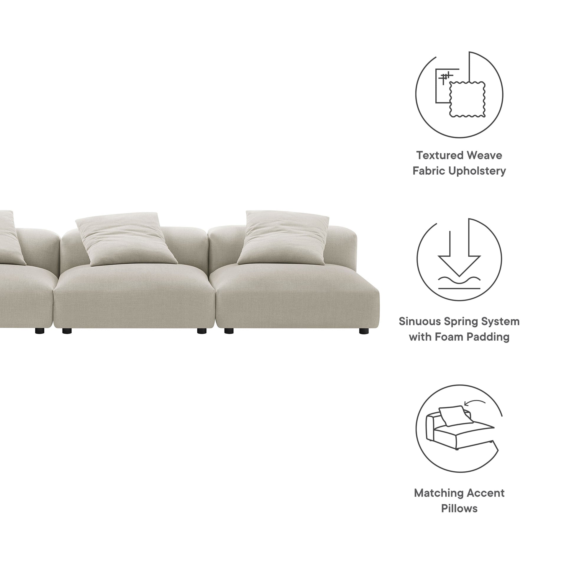 Brown modular 3-piece textured-weave fabric sofa with plush cushions, sinuous-spring system with foam padding, and matching accent pillows.