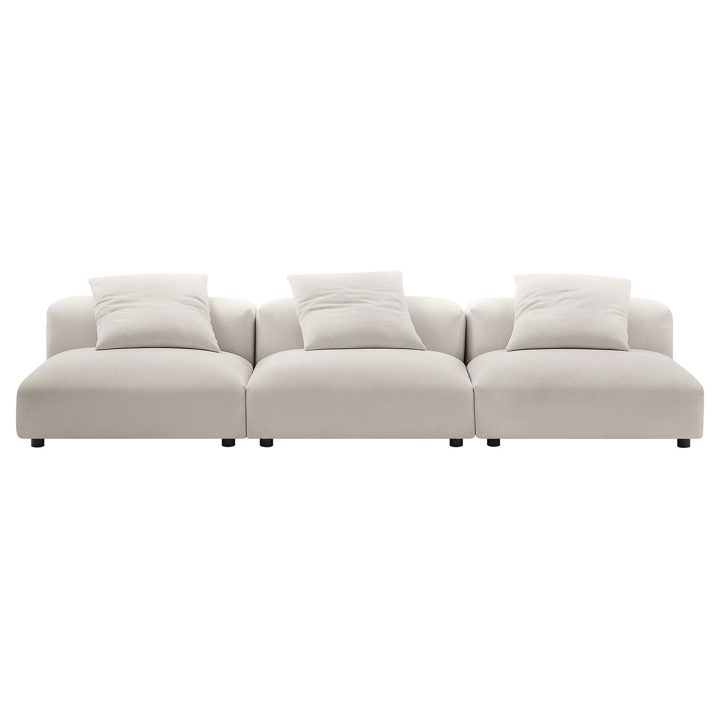 Gray fabric modular sectional sofa with three connected seating sections and matching throw pillows on short legs.