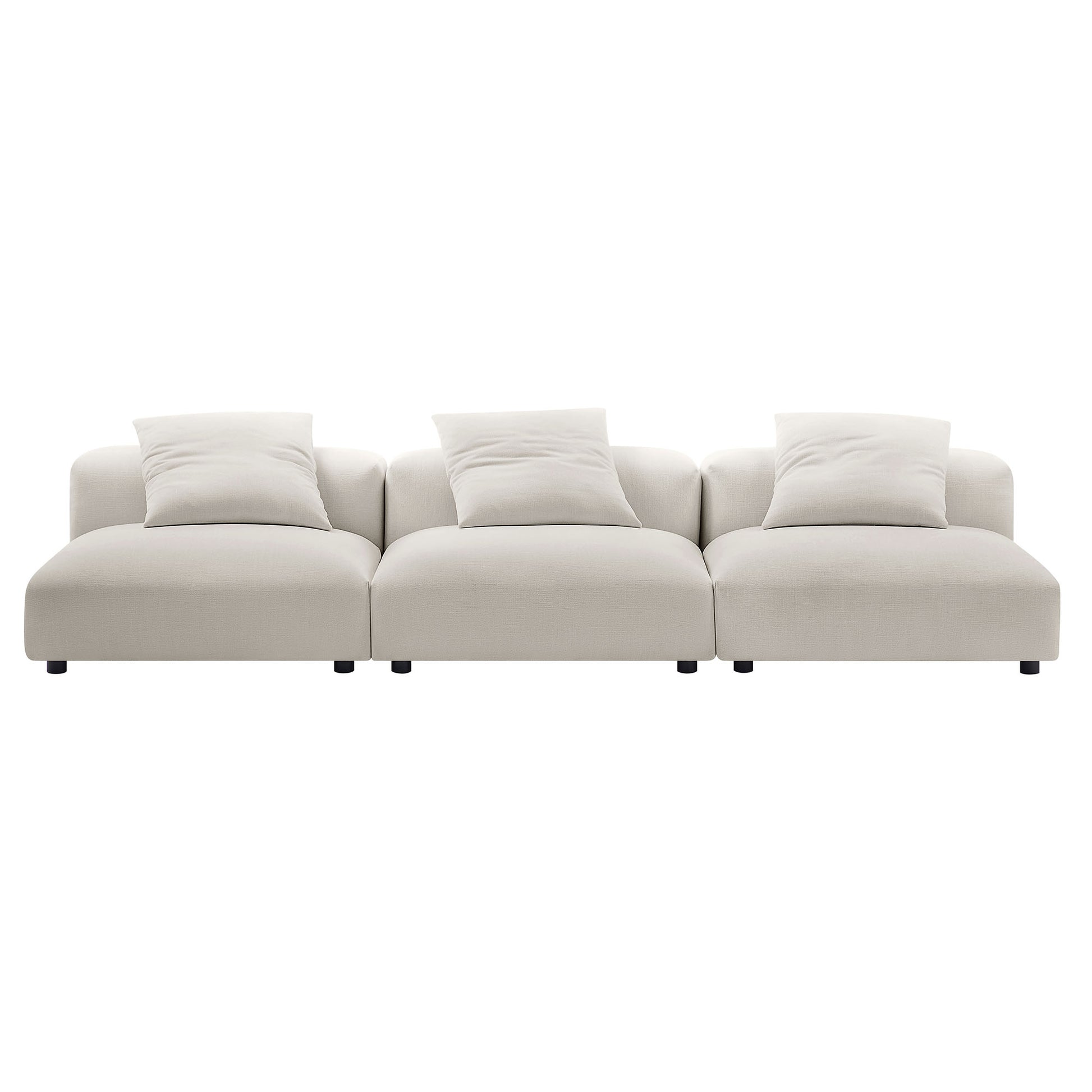 Gray fabric modular sectional sofa with three connected seating sections and matching throw pillows on short legs.