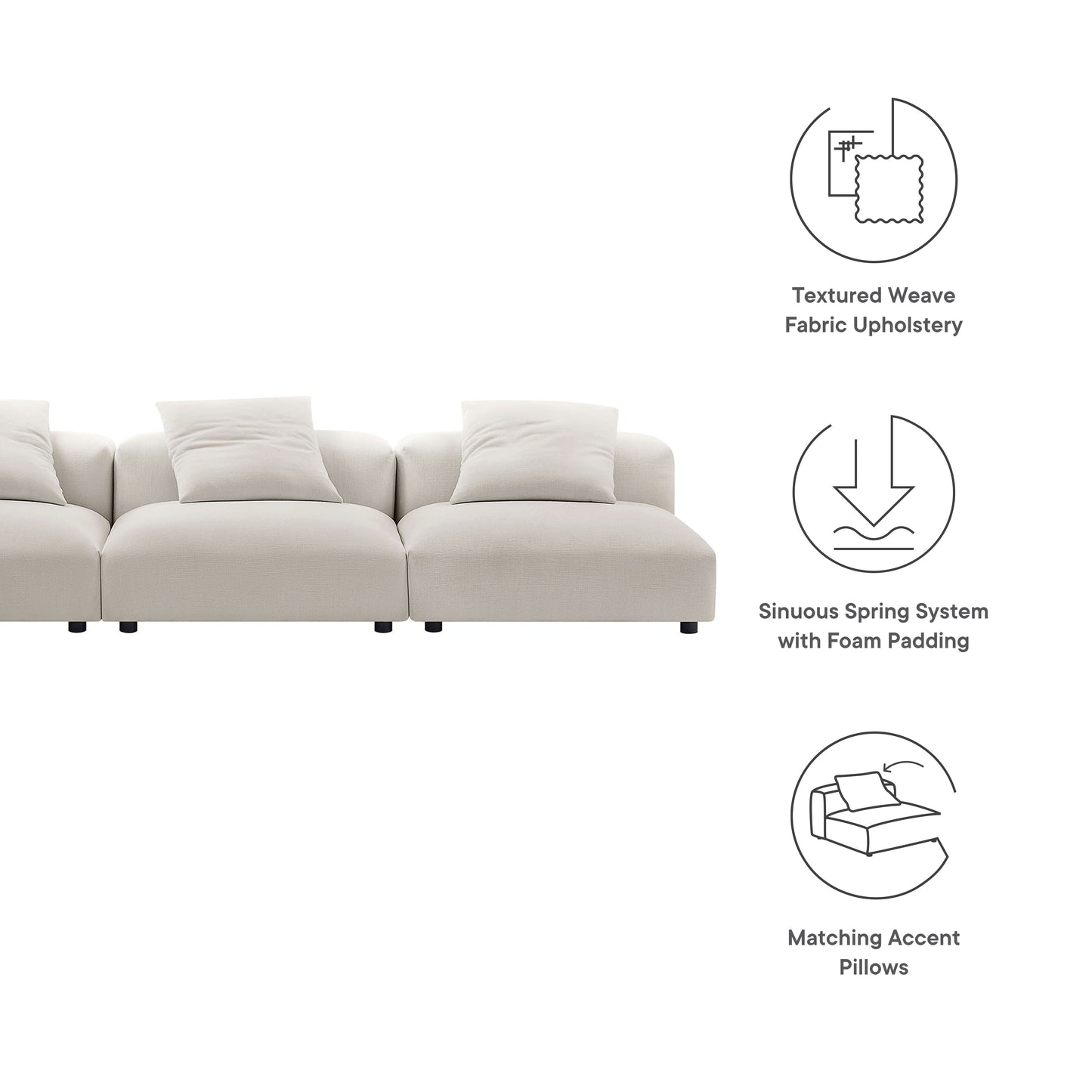 Gray sectional sofa in textured weave fabric with foam-padded sinuous spring system and matching accent pillows.