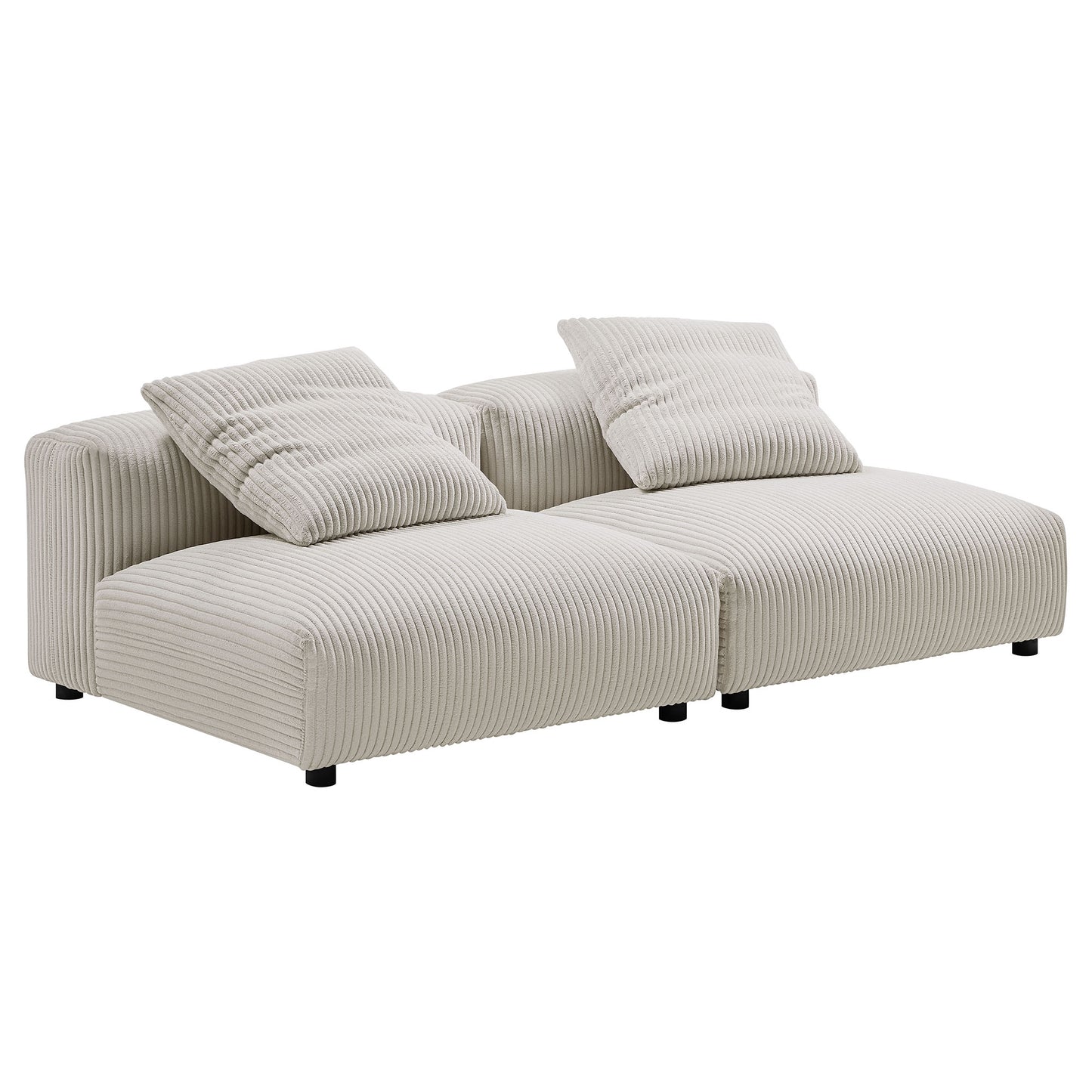 Brown corduroy modular sofa with two connected seats and two matching throw pillows.