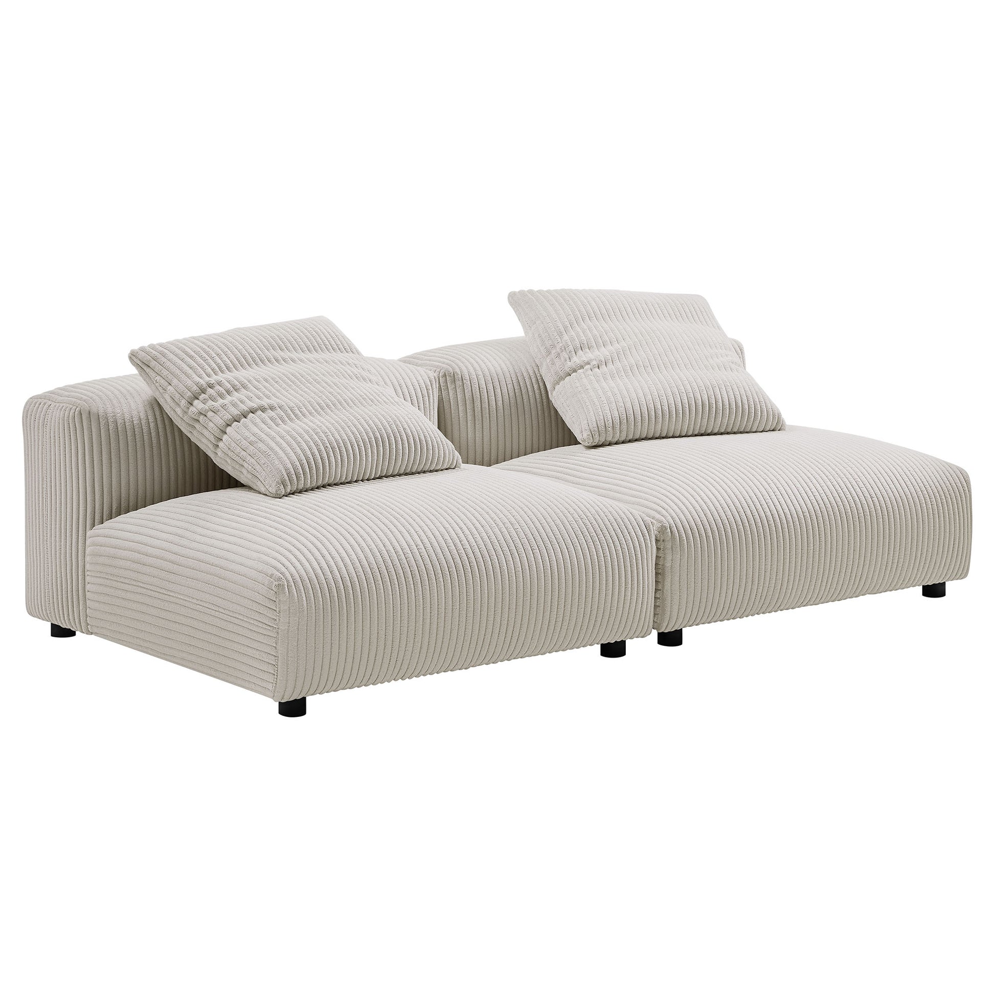 Brown corduroy modular sofa with two connected seats and two matching throw pillows.