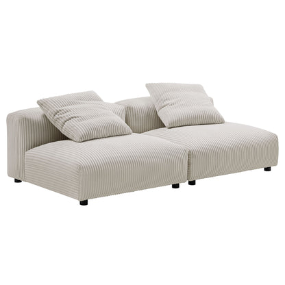 Brown corduroy modular sofa with two connected seats and two matching throw pillows.