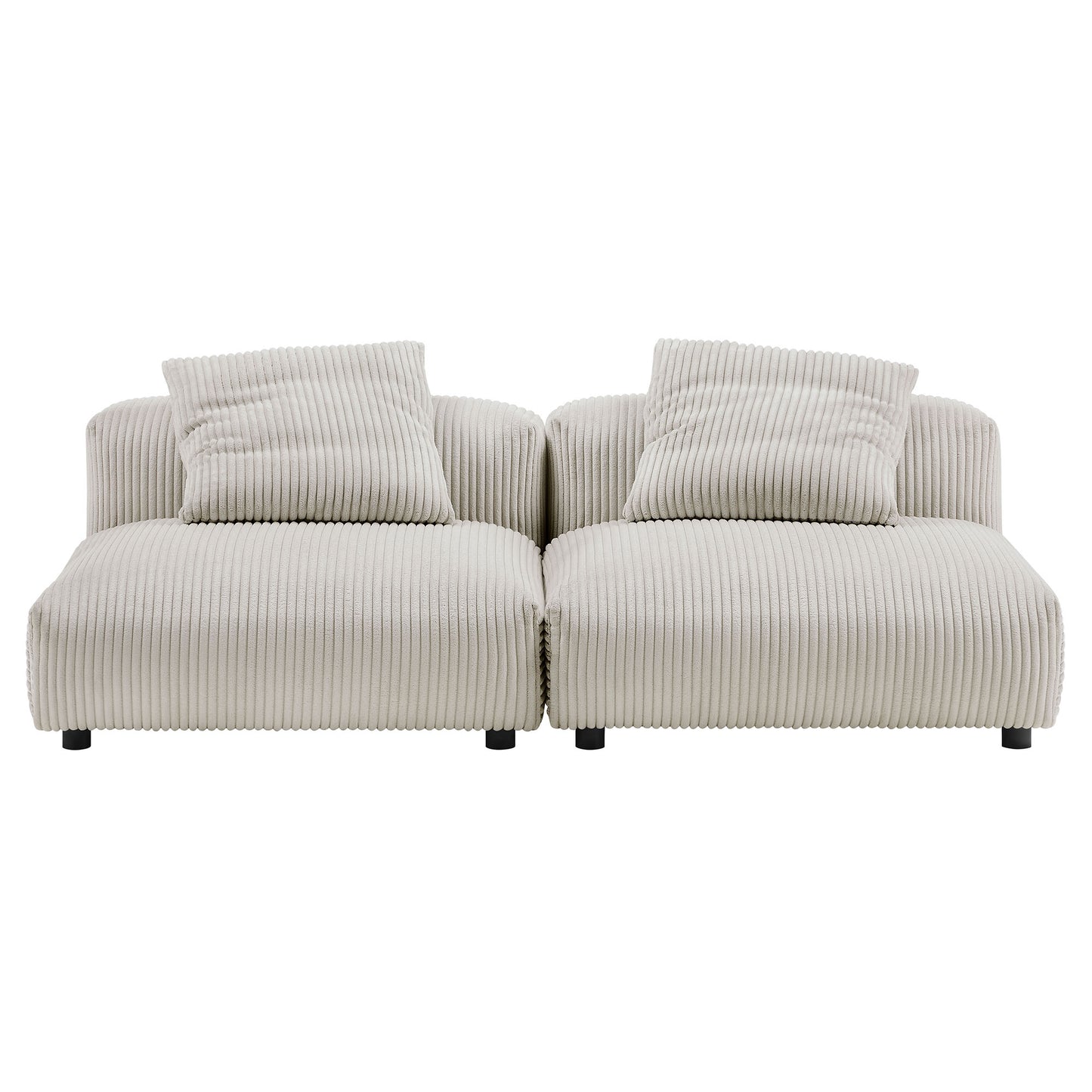 Brown corduroy modular sofa, 2-piece with matching back cushions and low block legs.