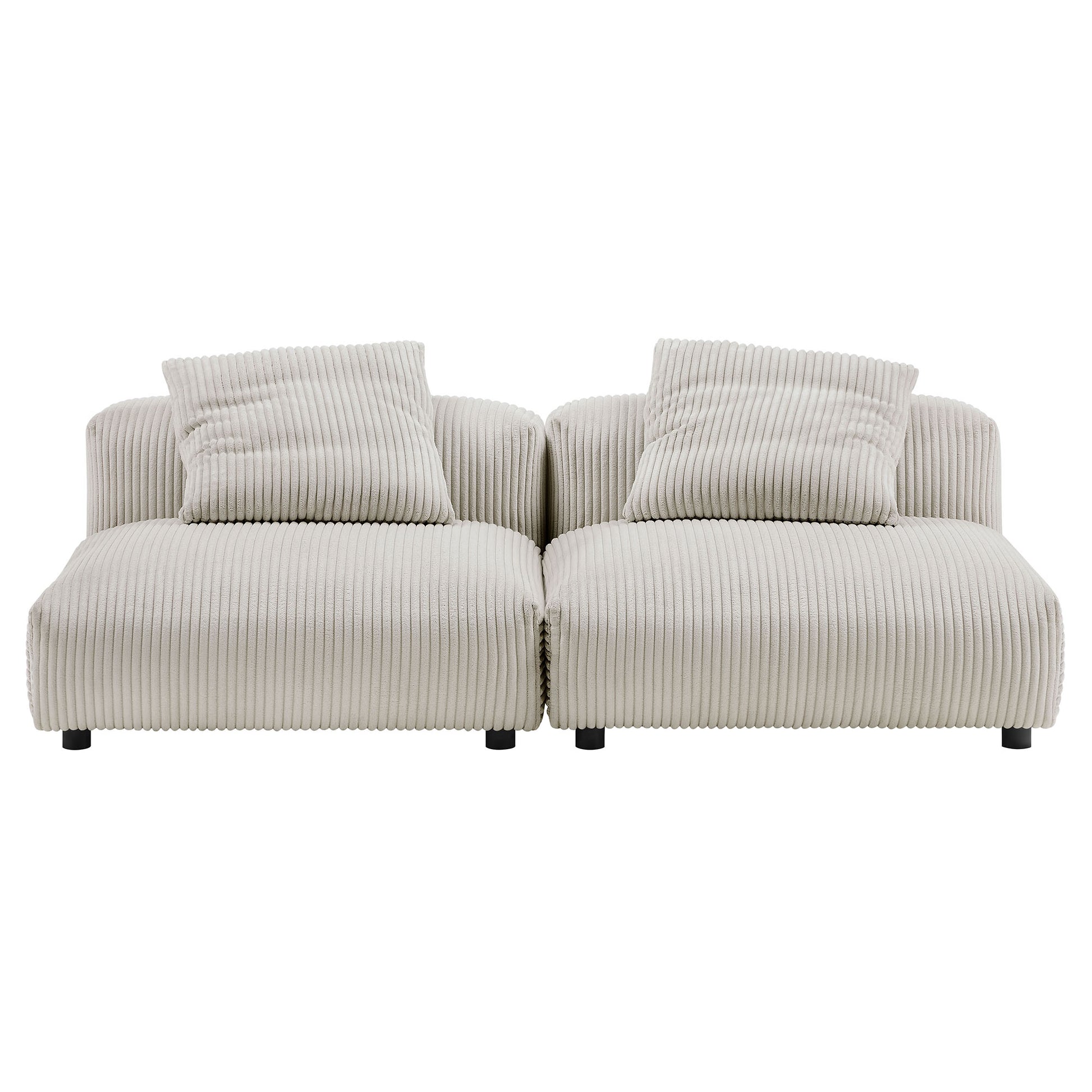 Brown corduroy modular sofa, 2-piece with matching back cushions and low block legs.