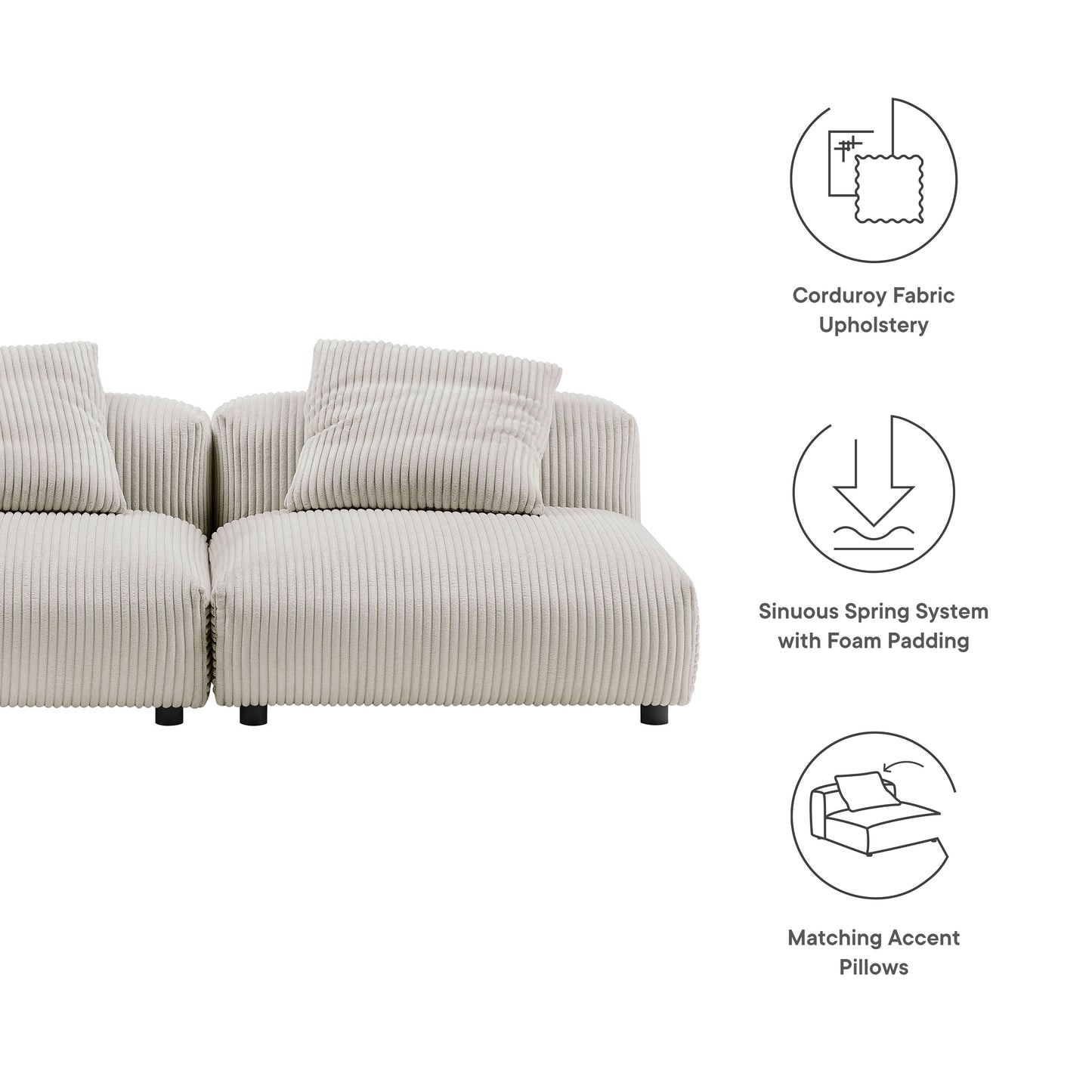 Brown 2-piece modular corduroy sofa with ribbed upholstery and matching accent pillows for a modern sectional.