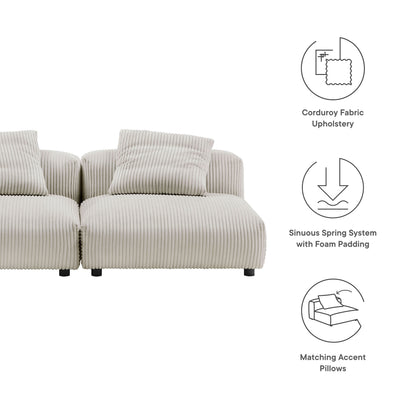 Brown 2-piece modular corduroy sofa with ribbed upholstery and matching accent pillows for a modern sectional.