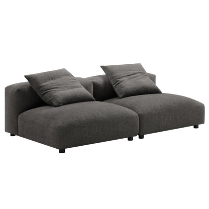 Charcoal gray fabric modular sectional with two connected seats, loose back cushions & low square legs.