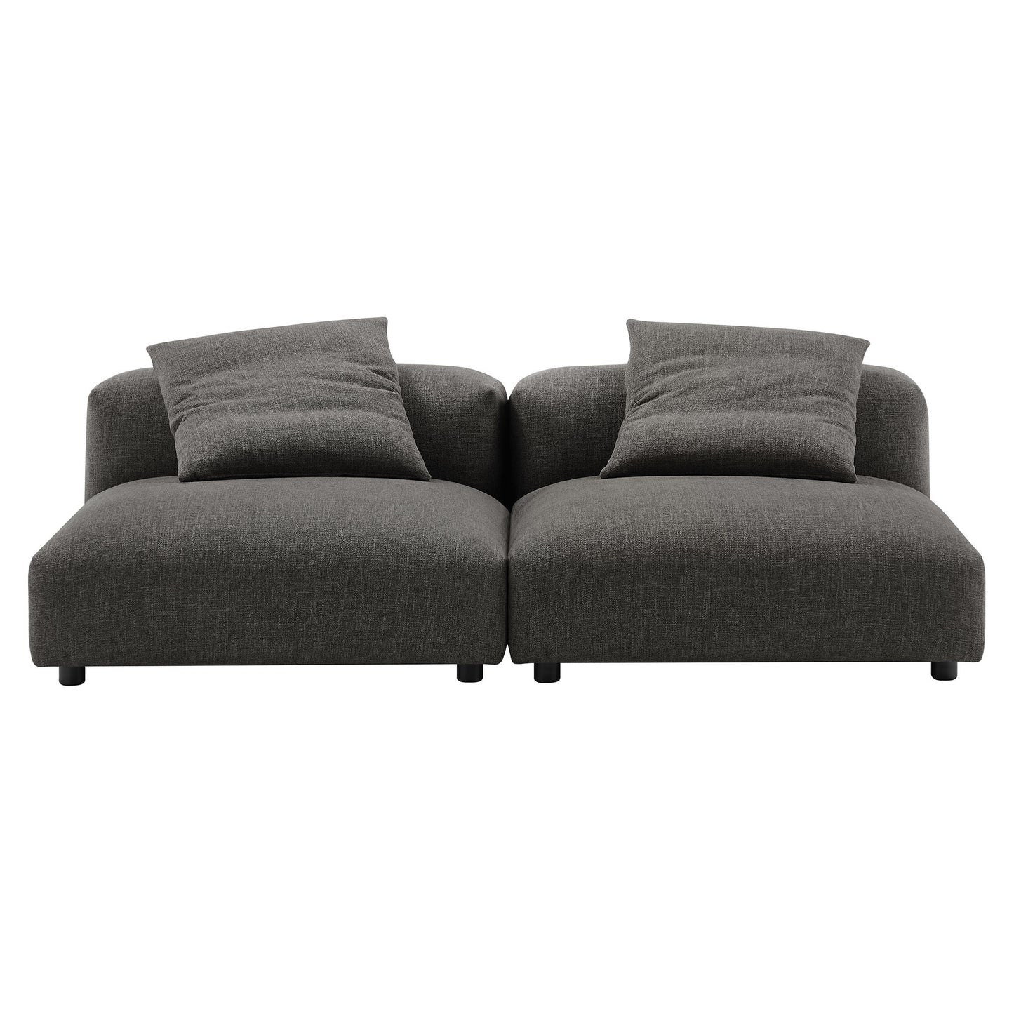 Dark charcoal modular sofa with two connected seats, rounded arms, and two matching back cushions.