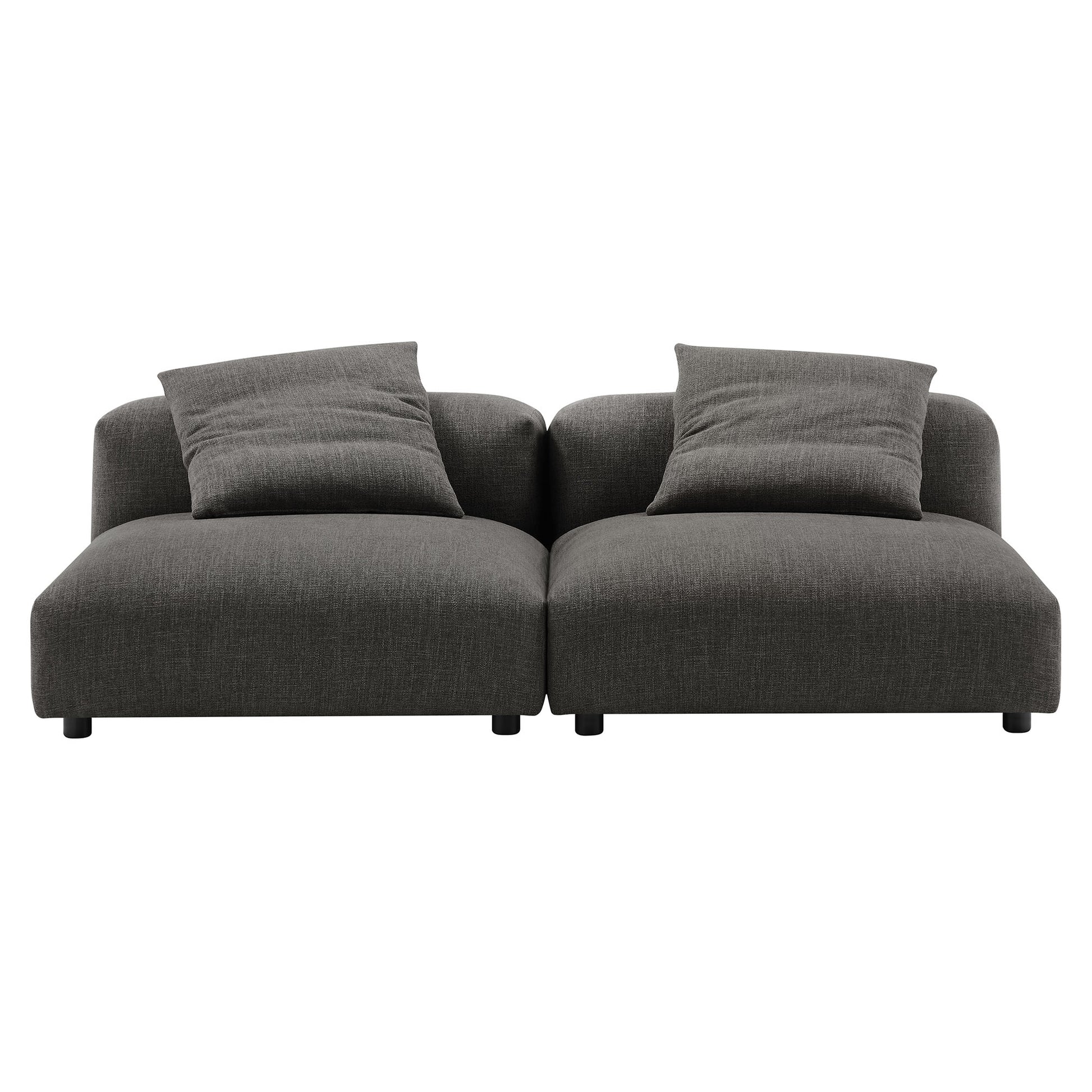 Dark charcoal modular sofa with two connected seats, rounded arms, and two matching back cushions.