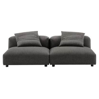 Dark charcoal modular sofa with two connected seats, rounded arms, and two matching back cushions.