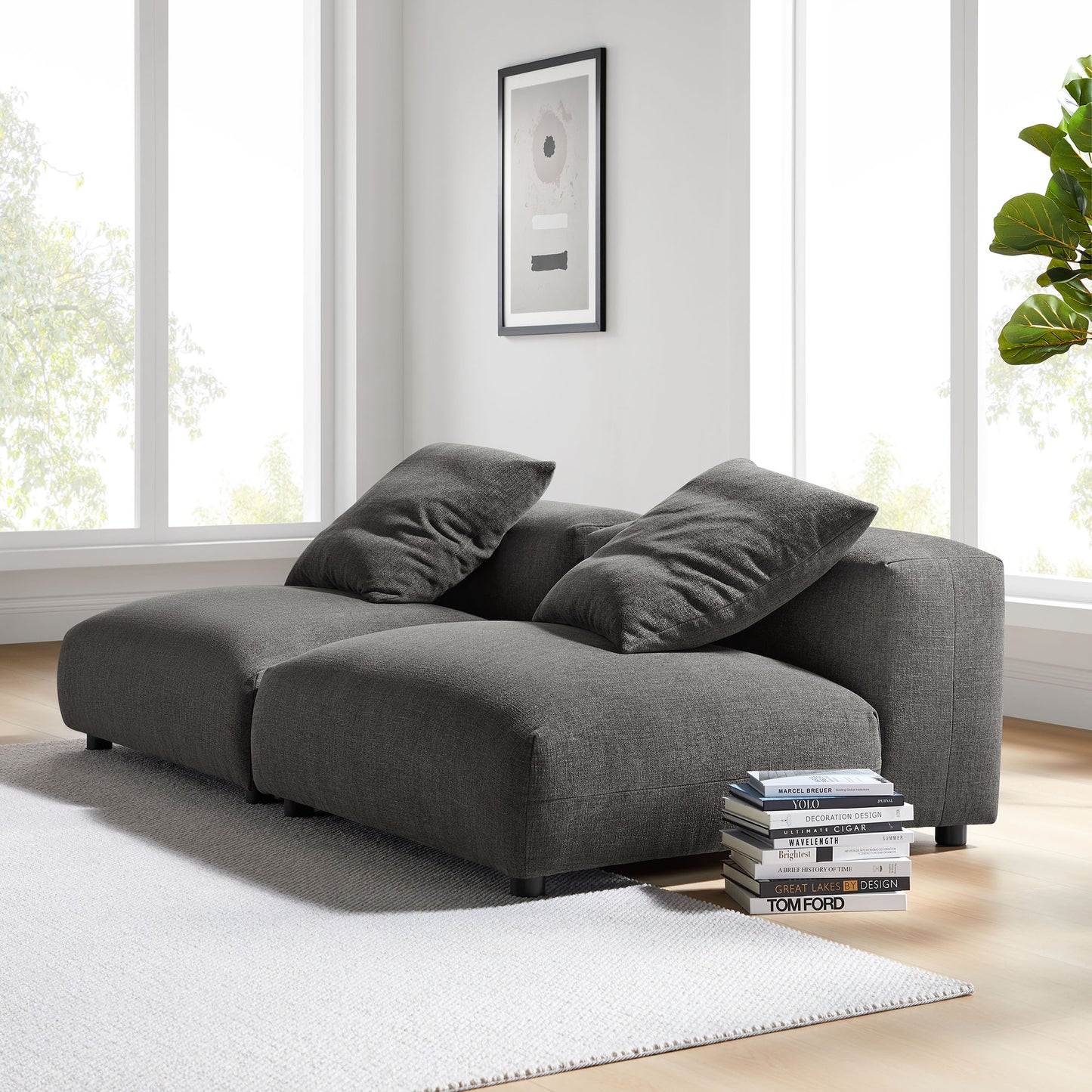 Dark gray fabric modular sofa with two large cushions on a light wood floor, near bright windows and framed abstract art, with a stack of books beside.